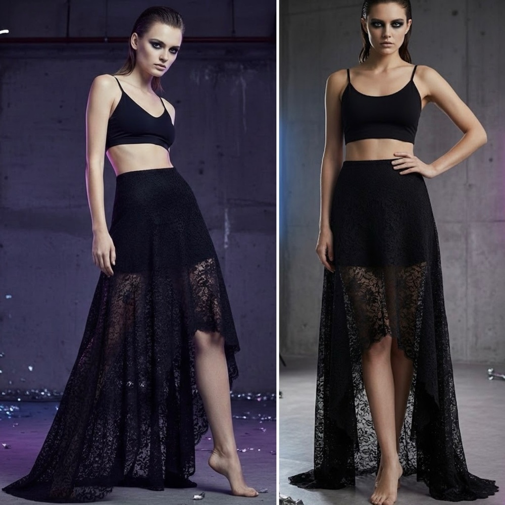 NEW NASTY GAL ORIGINAL SPANISH LACE HIGH LOW BLACK MINI MAXI MIDI SKIRT SMALL